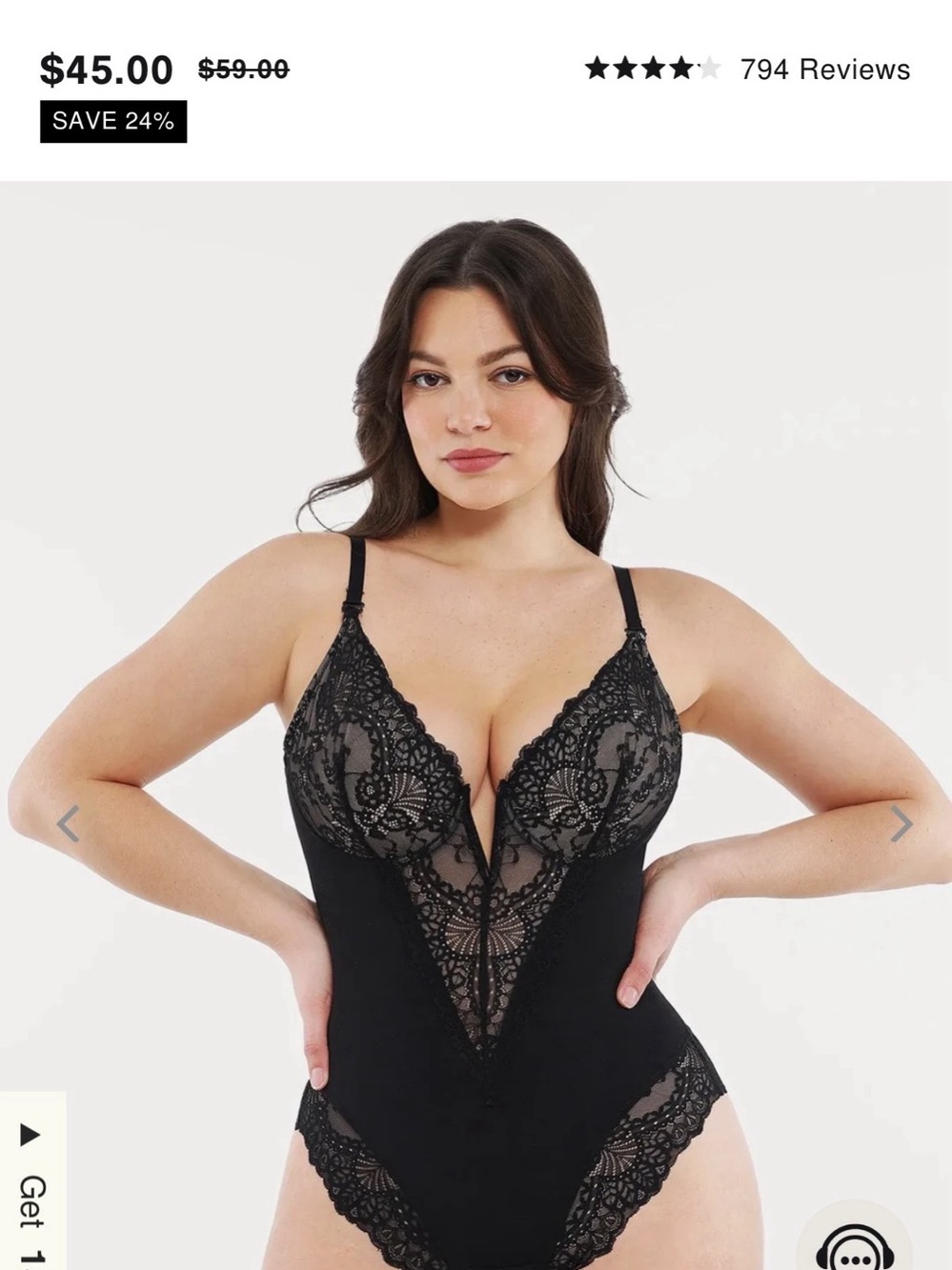 Popilush Shapewear Lace Deep V-Neck Sculpting Thong Bodysuit Black